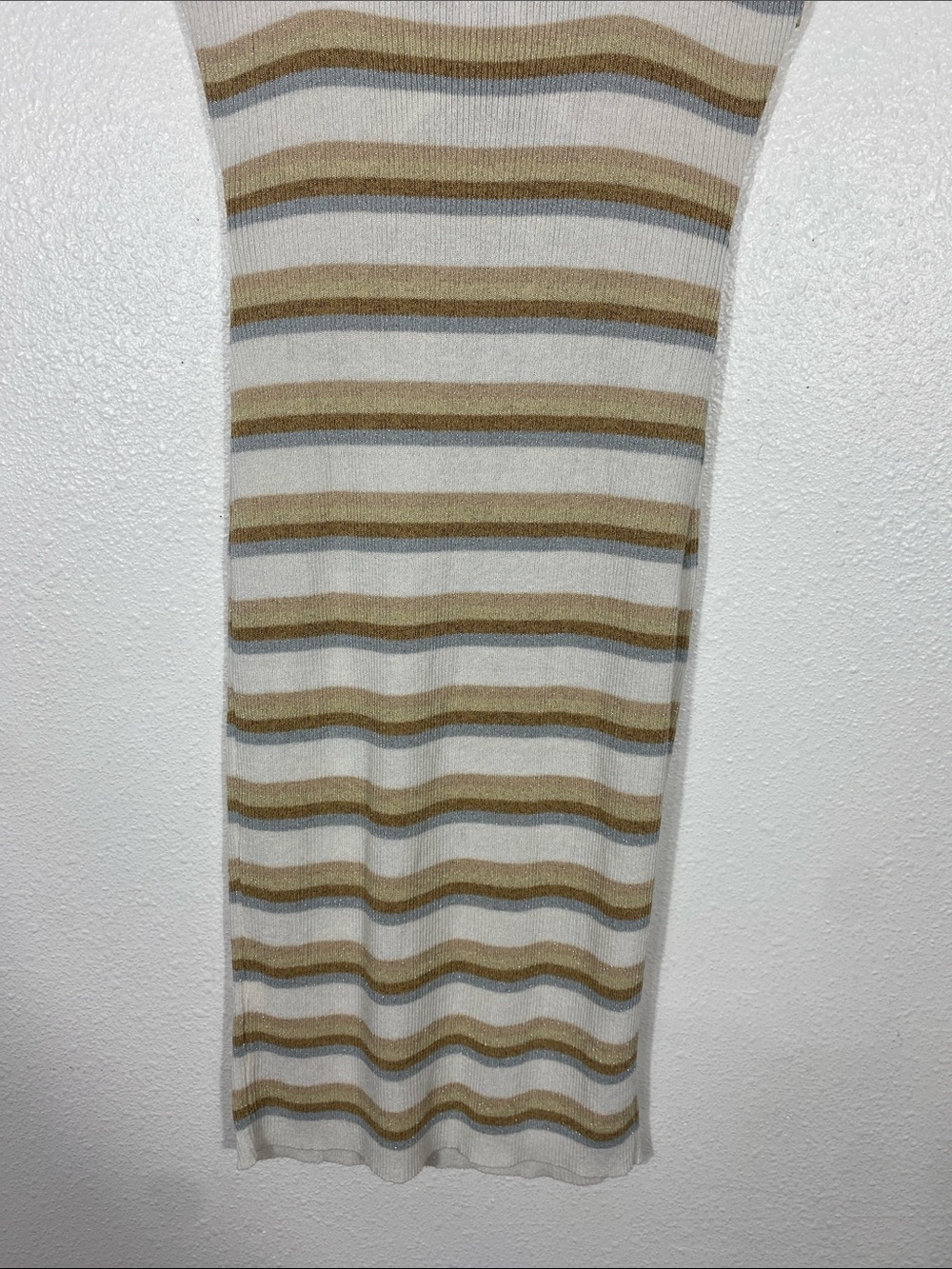 Vici Beige and White Striped Twist Cutout Midi Dress Stretch Size L 79% Viscose - Picture 7 of 16